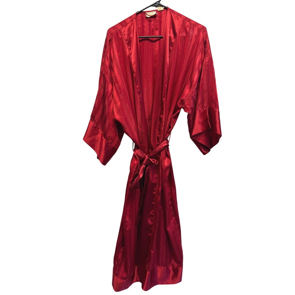 Vintage Victorias Secret Gold Label Red Satin Jacquard Floral Wrap Robe P/S